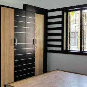 Modern 3-Door Black & Wood Wardrobe with Mirror